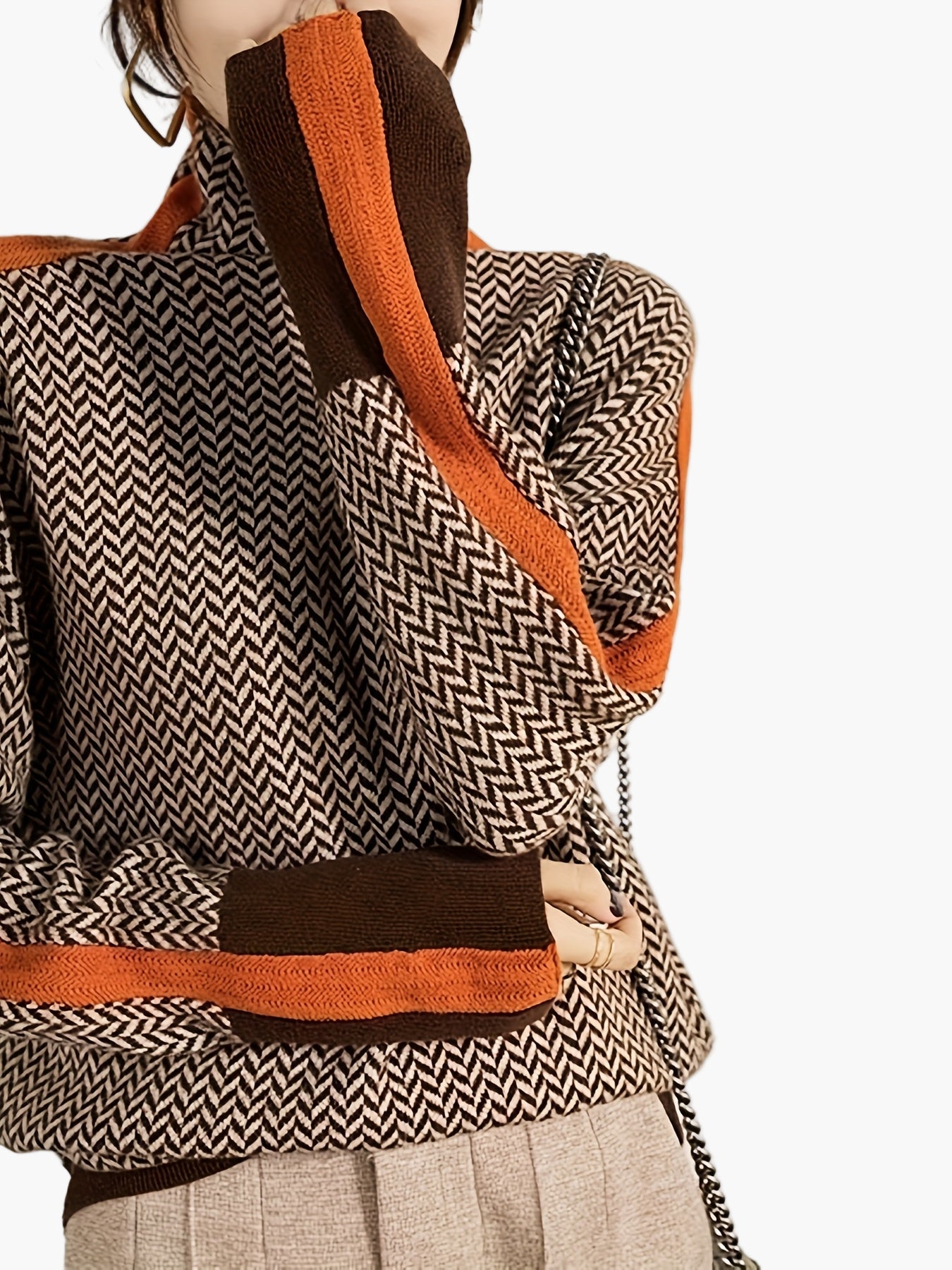 Damen Pullover mit Stehkragen und modernem Zickzackmuster – Eleganter Strickpulli für Herbst & Winter