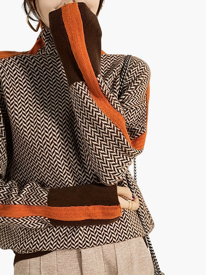 Damen Pullover mit Stehkragen und modernem Zickzackmuster – Eleganter Strickpulli für Herbst & Winter