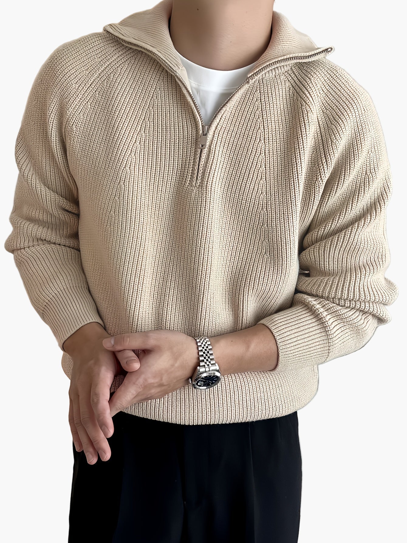 Men's knitted sweater with zipper and stand-up collar – modern casual design for autumn and winter