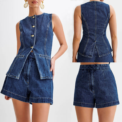 Damen Zweiteiler Jeansweste und High-Waist Shorts Set – Modisches Streetwear Outfit für Freizeit & Sommer