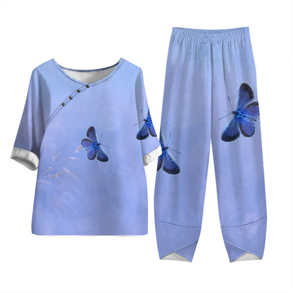 Damen Freizeit Set im Japanischen Stil mit Libellen-Print – Zweiteiler, Bequem für Alltag & Reisen