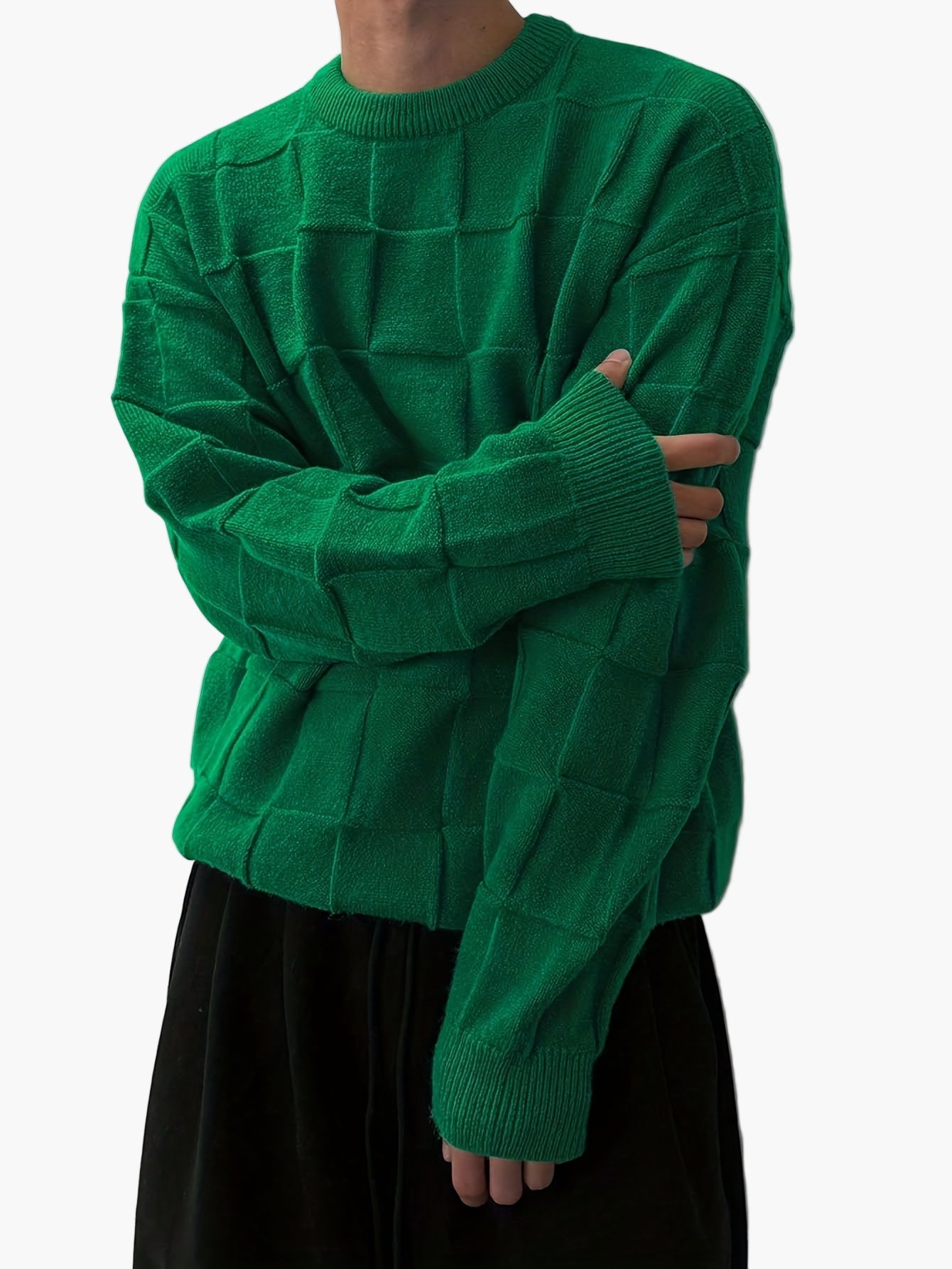 Men's Sweater Streetstyle with 3D Square Pattern – Casual Crew Neck for Autumn and Winter