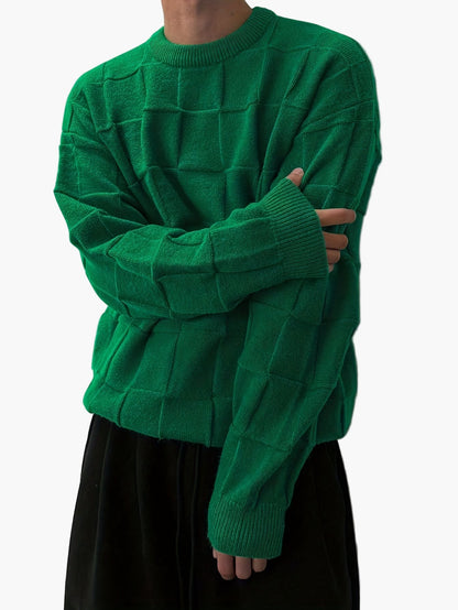 Men's Sweater Streetstyle with 3D Square Pattern – Casual Crew Neck for Autumn and Winter