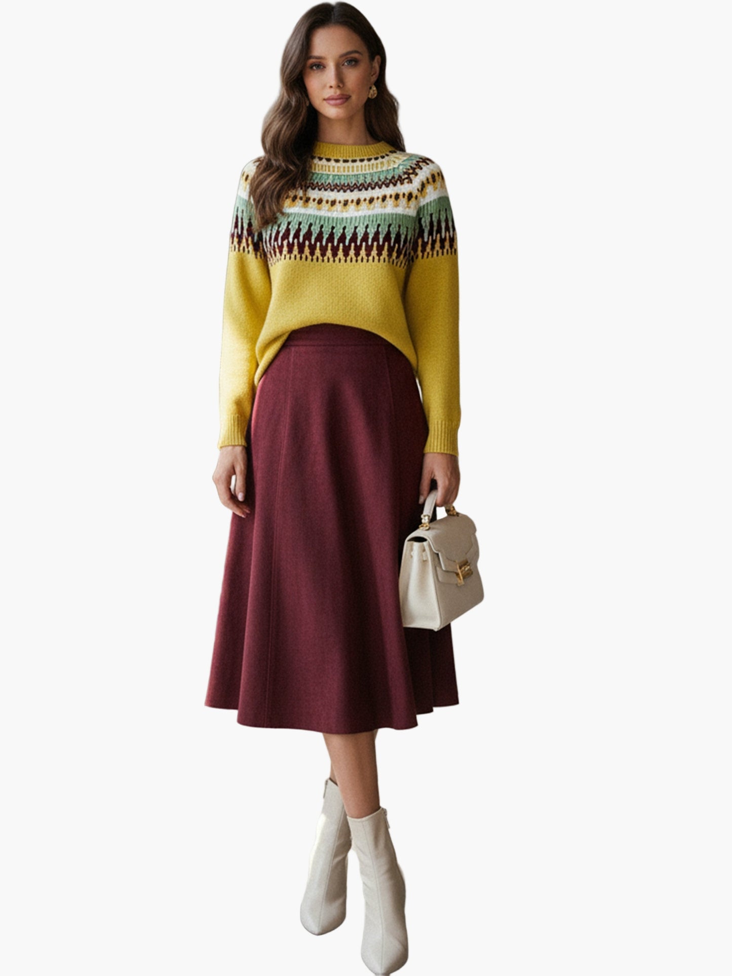 Damen Midirock-Outfit mit Fair-Isle-Strickpullover – Modischer Herbst/Winter-Look für Alltag und Büro