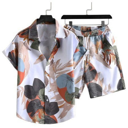 Herren Sommer Freizeit Zweiteiler mit Abstraktem Print – Modisches Kurzarmhemd & Shorts Set für Urlaub und Alltag