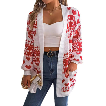 Katie – Offene Strickjacke mit Laternenärmeln und Weihnachtsmotiv