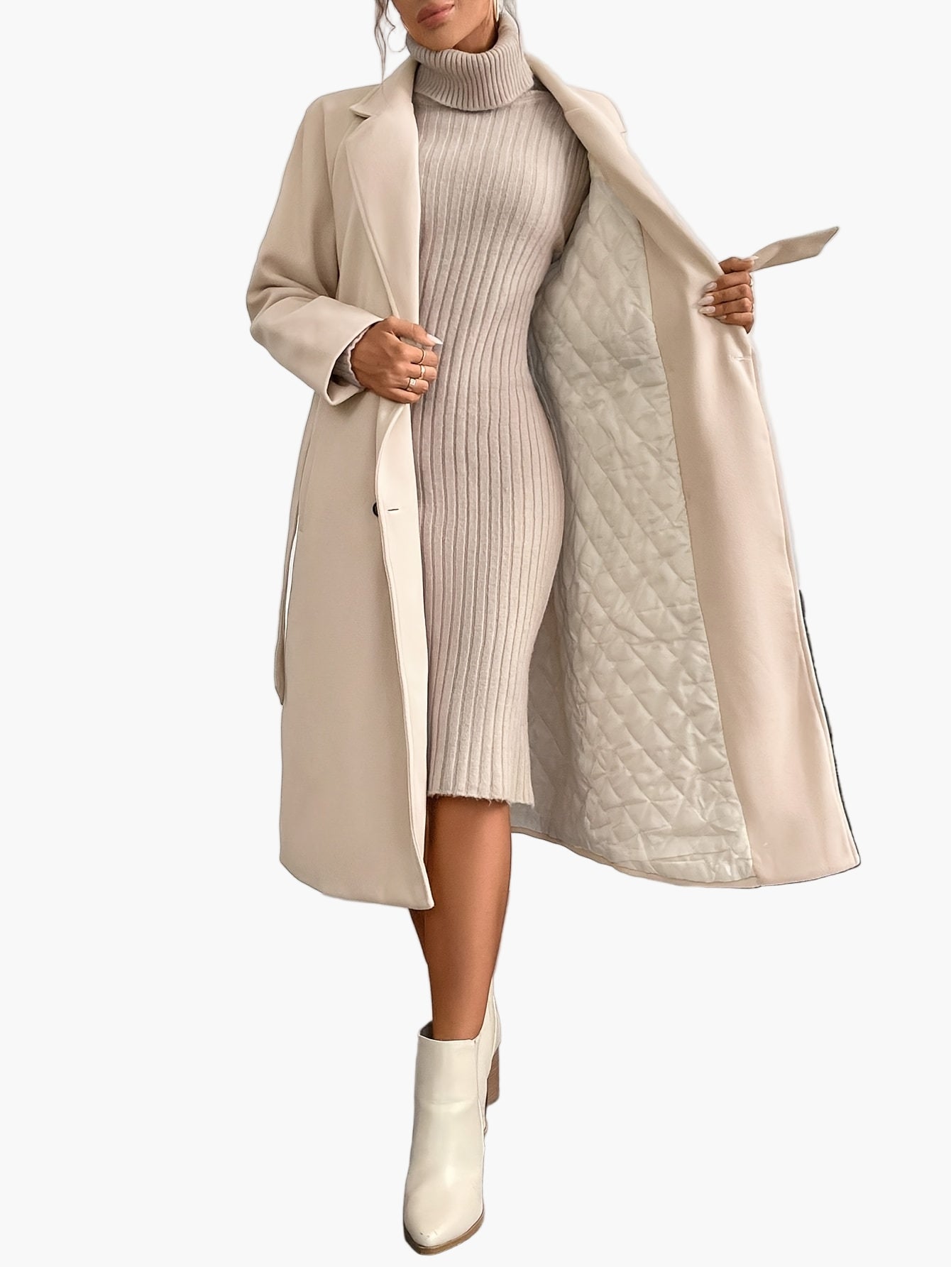 Women's Elegant Winter Coat with Belt and Pockets – Long Double-Breasted Transitional Coat for Autumn and Winter