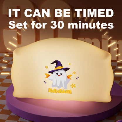 Halloween Night Light for Kids – Funny Pat Light with Ghost & Pumpkin, 3 Brightness Levels, Timer, Perfect Halloween Decoration