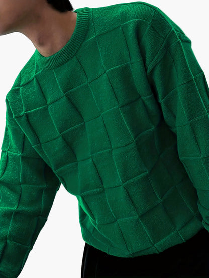 Men's Sweater Streetstyle with 3D Square Pattern – Casual Crew Neck for Autumn and Winter