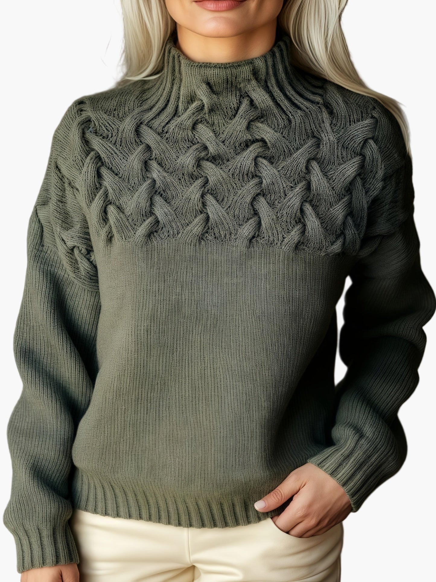 Damen Strickpullover mit Zopfmuster und Stehkragen – Modischer Winterpullover für Freizeit und Alltag