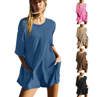 Susan – Lässiger kurzer Jumpsuit mit Taschen und Rundhalsausschnitt für Damen