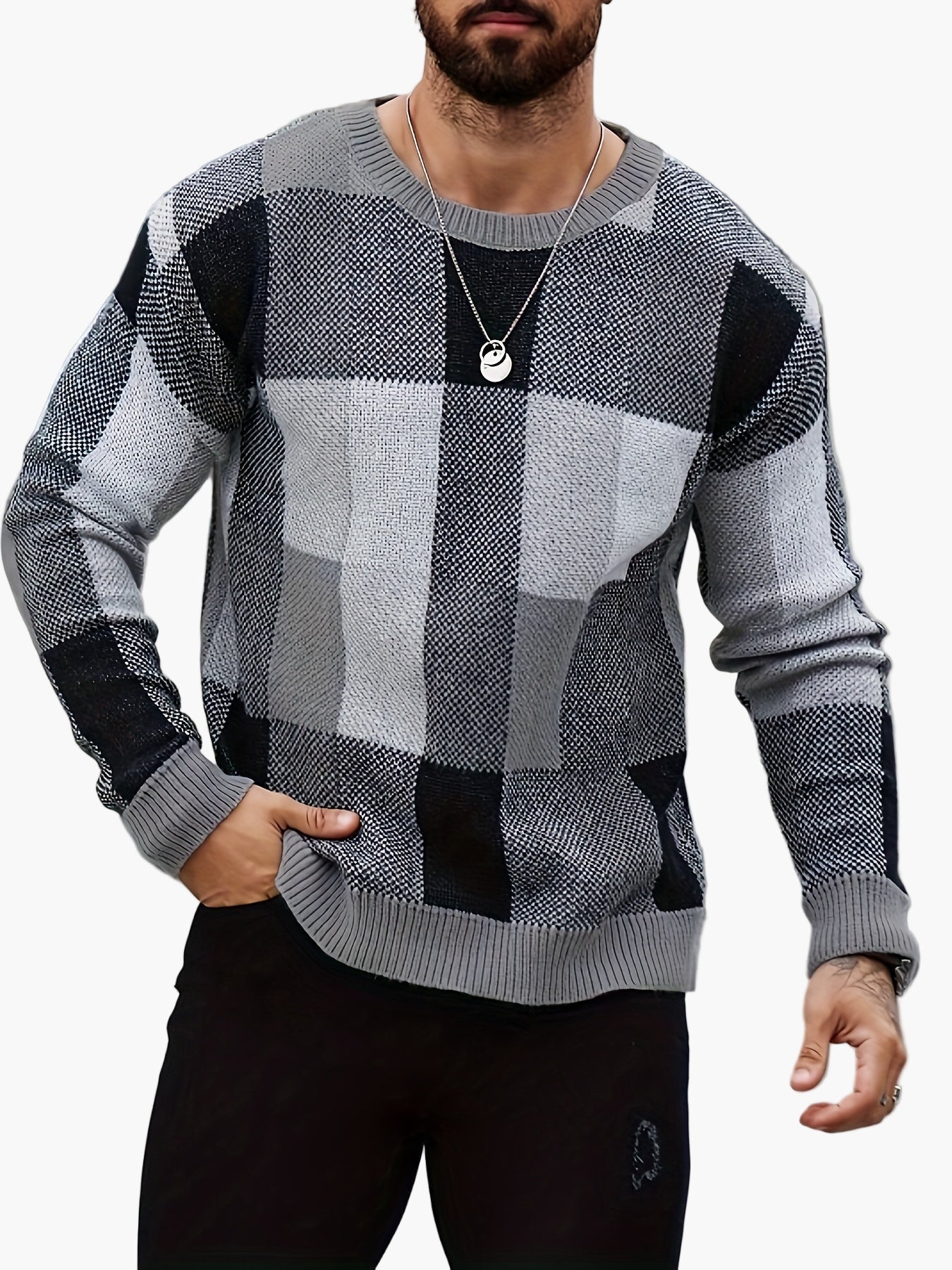 Men's Plaid Knit Sweater in Casual Style for Autumn and Winter
