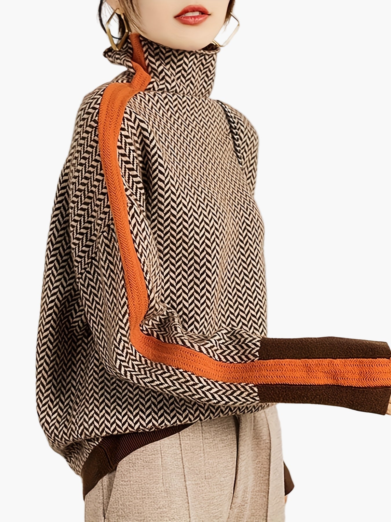 Damen Pullover mit Stehkragen und modernem Zickzackmuster – Eleganter Strickpulli für Herbst & Winter