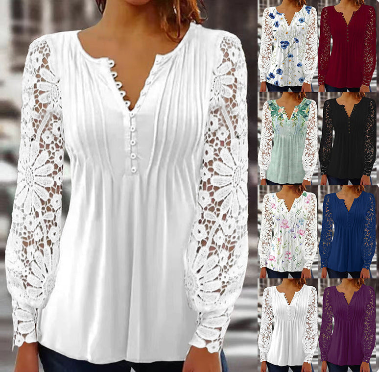 Julia – Folding T-shirt with lace sleeve in solid color design