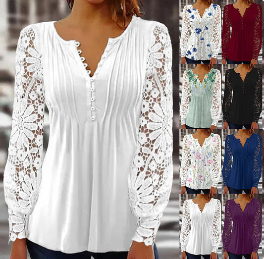 Sandra – Elegantes T-Shirt mit Spitzenärmeln und Falten in solidem Farbton