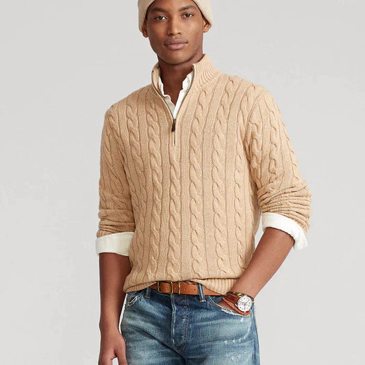 Herren Strickpullover mit Zopfmuster – Klassischer Halbreißverschluss, stilvoll und vielseitig für Alltag und Büro
