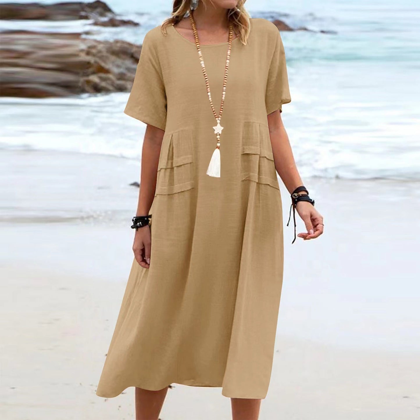 Sue – Lässiges Midi-Kleid aus atmungsaktiver Baumwolle und Leinen für den Sommer