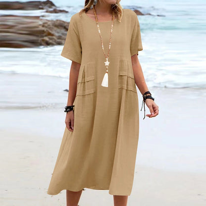 Sue – Lässiges Midi-Kleid aus atmungsaktiver Baumwolle und Leinen für den Sommer