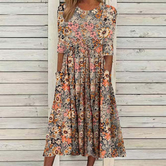 Tanya – Langes bedrucktes Kleid mit losem Schnitt und Taschen