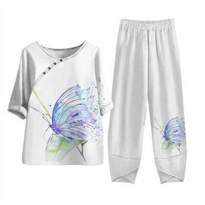 Damen Freizeit Set im Japanischen Stil mit Libellen-Print – Zweiteiler, Bequem für Alltag & Reisen