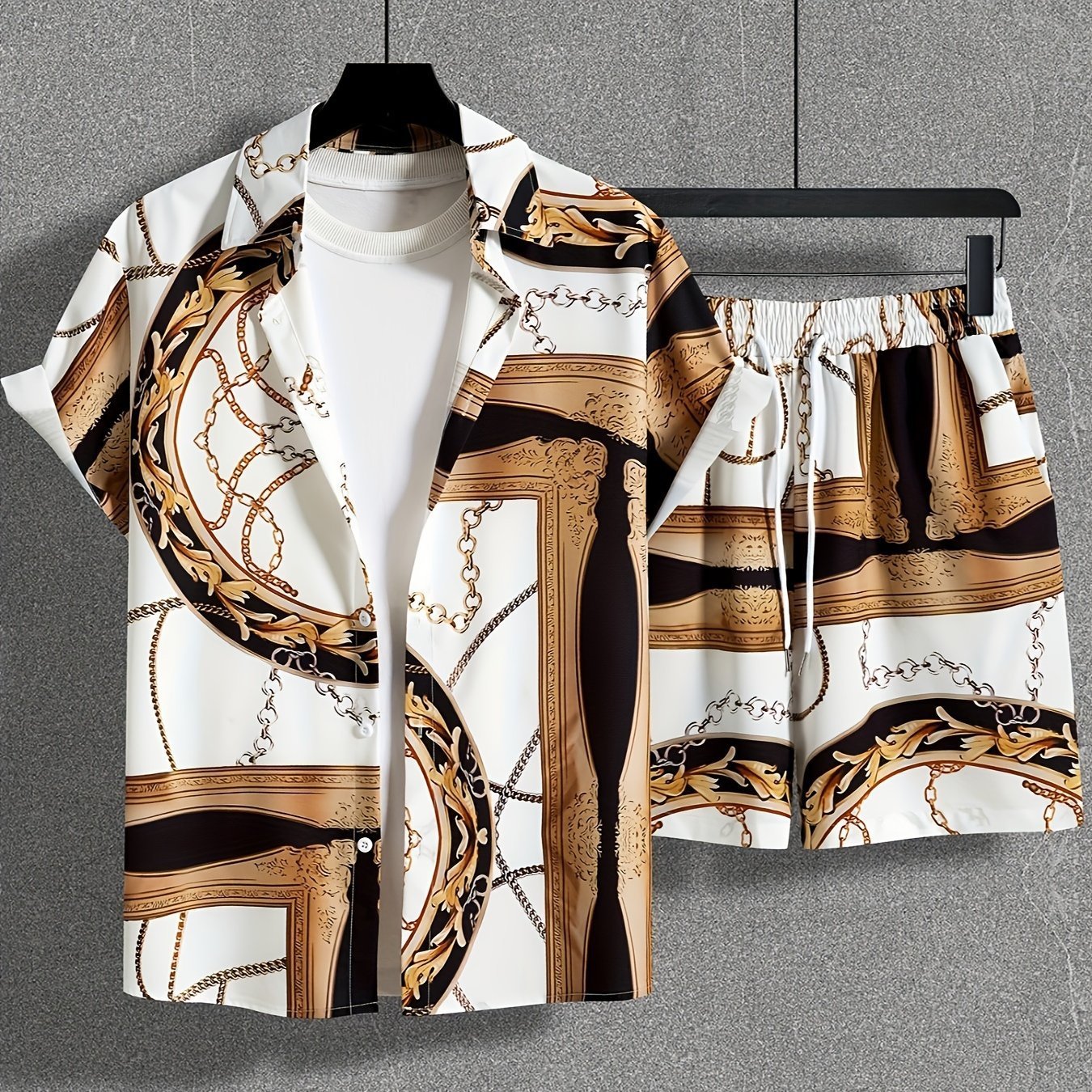Herren Sommer Freizeit Zweiteiler mit Abstraktem Print – Modisches Kurzarmhemd & Shorts Set für Urlaub und Alltag