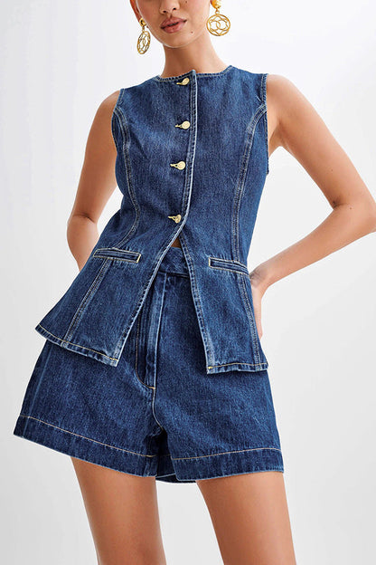 Damen Zweiteiler Jeansweste und High-Waist Shorts Set – Modisches Streetwear Outfit für Freizeit & Sommer