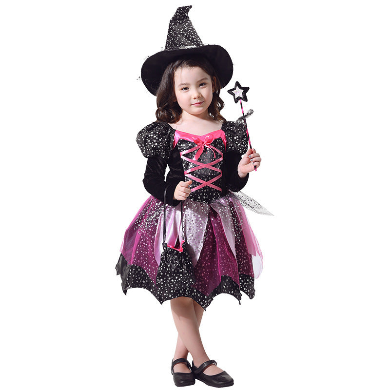 Girls Halloween Witch Costume with Hat, Wand, and Bag – Perfect Outfit for Kids' Parties & Trick-or-Treat
