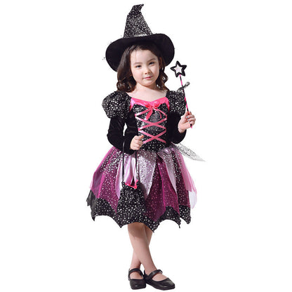Girls Halloween Witch Costume with Hat, Wand, and Bag – Perfect Outfit for Kids' Parties & Trick-or-Treat