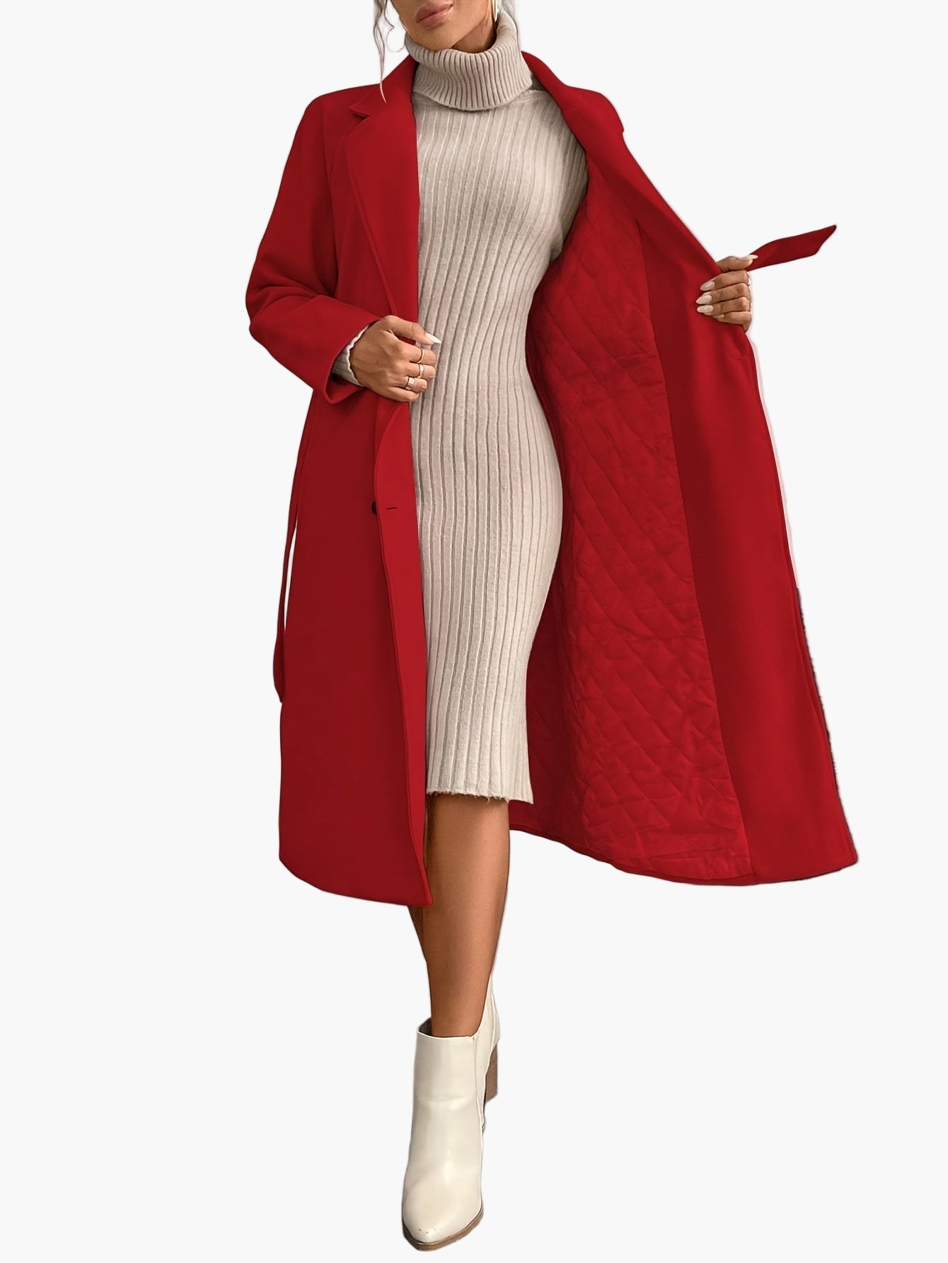 Women's Elegant Winter Coat with Belt and Pockets – Long Double-Breasted Transitional Coat for Autumn and Winter