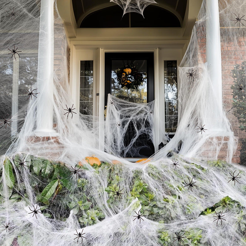 Halloween decoration spider web with spiders – creepy party decoration for outdoors and indoors