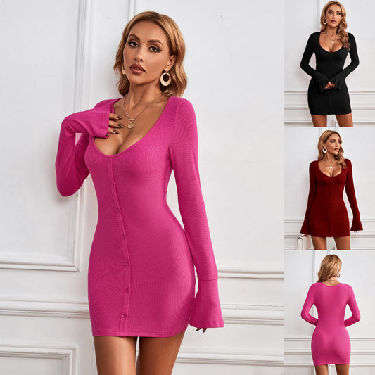 Nicola – Sexy Slim Hüftbetonendes Kurzkleid mit U-Ausschnitt und langen Ärmeln