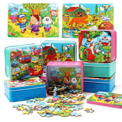Kinder Holzpuzzle Set – Bunte Lernspielzeuge im Aufbewahrungs-Metallkasten, ab 3 Jahren, Unisex