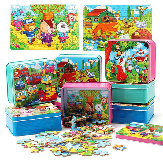 Kinder Holzpuzzle Set – Bunte Lernspielzeuge im Aufbewahrungs-Metallkasten, ab 3 Jahren, Unisex