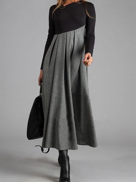 Damen Elegantes Midikleid mit Kontrastnähten und Langarm – Schwingender Schnitt für Büro & Alltag