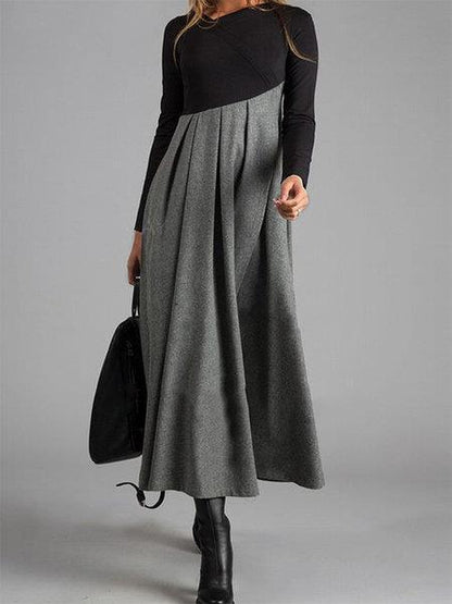 Damen Elegantes Midikleid mit Kontrastnähten und Langarm – Schwingender Schnitt für Büro & Alltag