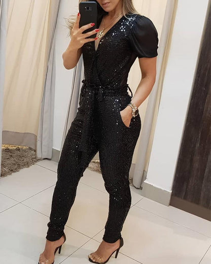Natalie – Tiefer V-Ausschnitt Pailletten-Jumpsuit