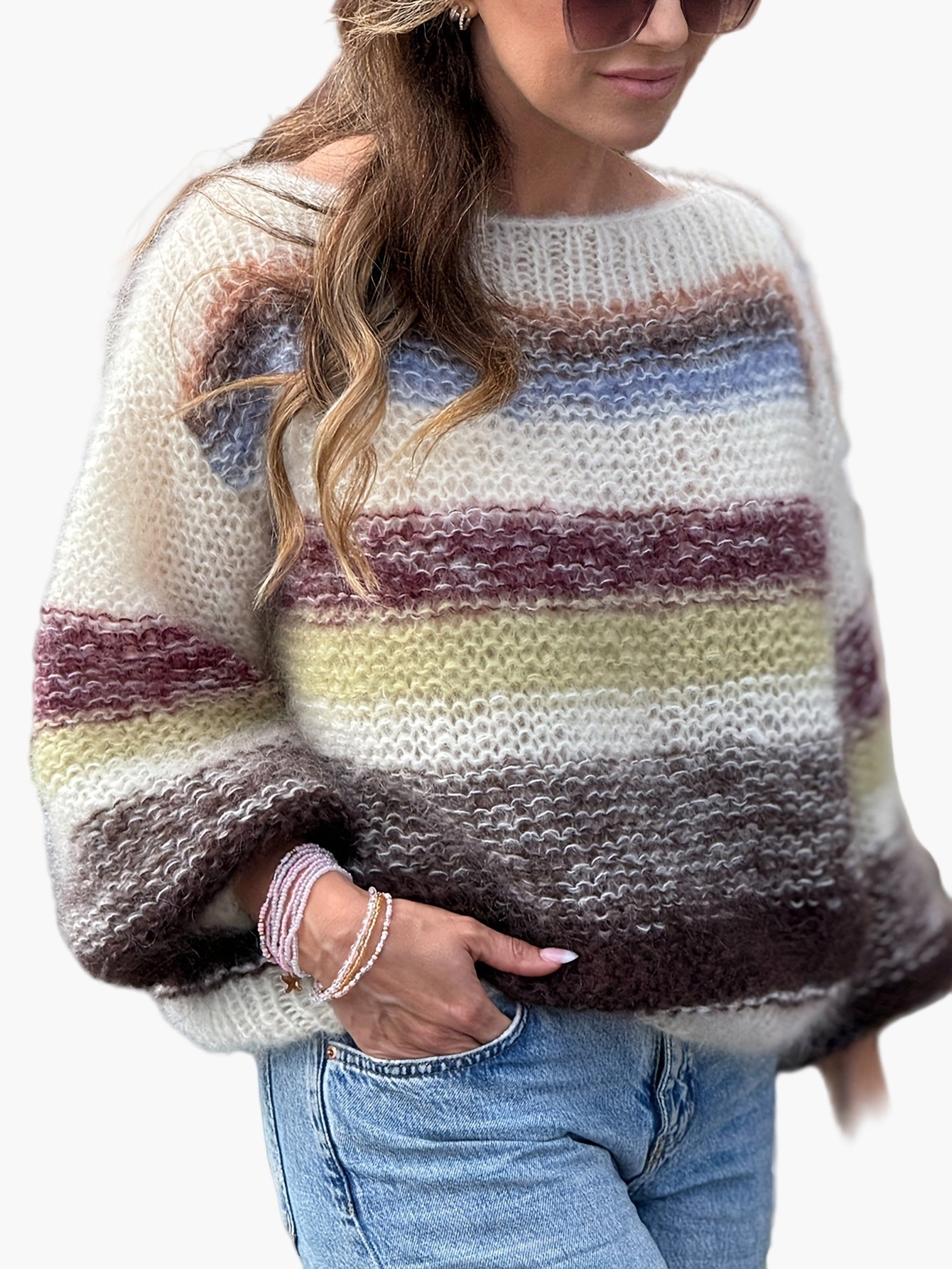 Damen Strickpullover mit Streifenmuster – Eleganter Herbst/Winter Pullover, Bequemer Alltagslook