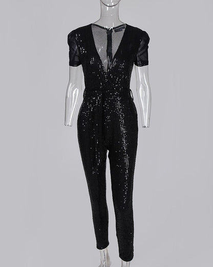 Natalie – Tiefer V-Ausschnitt Pailletten-Jumpsuit