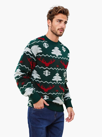 Men's Christmas Sweater with Reindeer and Christmas Tree Pattern – Perfect for Festive Occasions, Casual Party Style