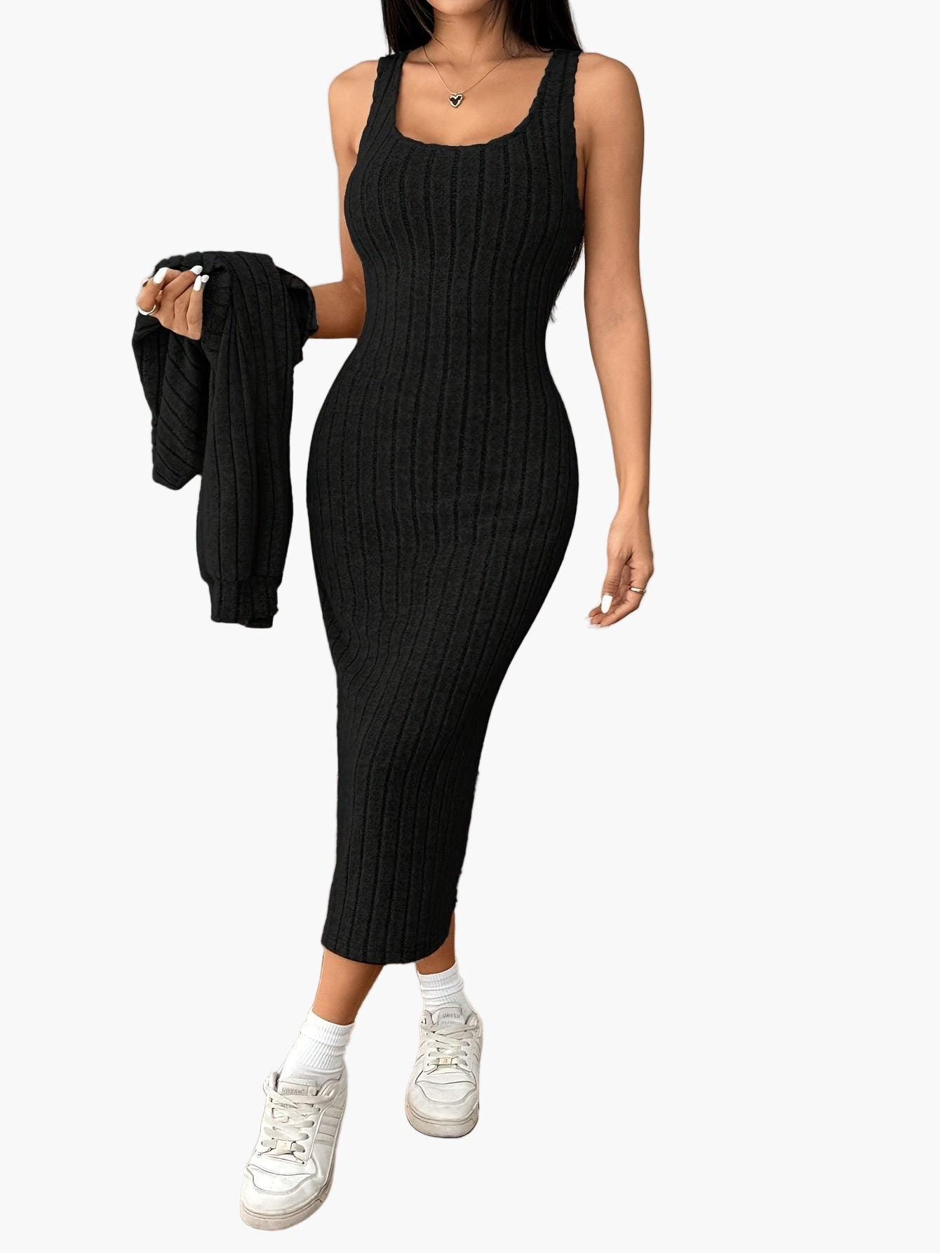Women's Knit Two-Piece Set Elegant with Button Placket – Cardigan and Midi Dress, Perfect for Everyday and Office