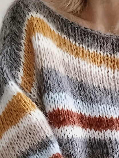 Damen Strickpullover im lässigen Oversize-Stil mit Streifen – Perfekt für Herbst und Winter
