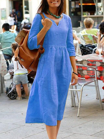 Damen Freizeit Midikleid mit V-Ausschnitt und 3/4-Ärmeln – Lockerer, eleganter Alltagslook