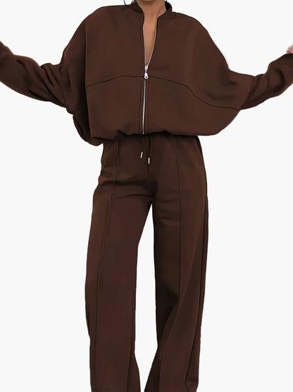 Damen Freizeit-Zweiteiler mit Reißverschluss und weitem Bein – Lässig & Bequem für Alltag oder Reise