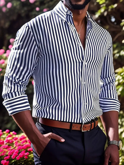 Herren Business-Freizeit Hemd mit vertikalen Streifen und Knopfleiste – Moderner Slim Fit Look