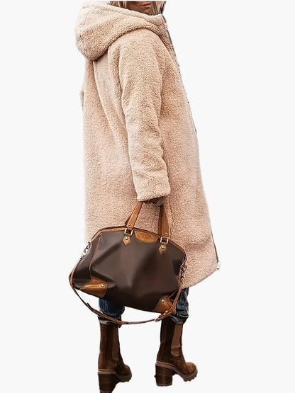 Women's Long Quilted Jacket with Hood and Teddy Lining – Fashionable Winter Coat for Leisure and Travel