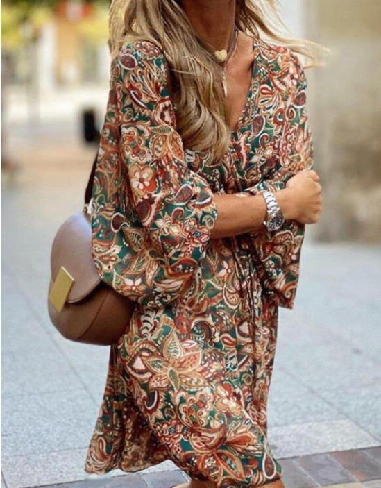 Anna – Langes Boho-Kleid mit Print und A-Linie