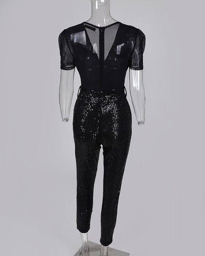 Natalie – Tiefer V-Ausschnitt Pailletten-Jumpsuit