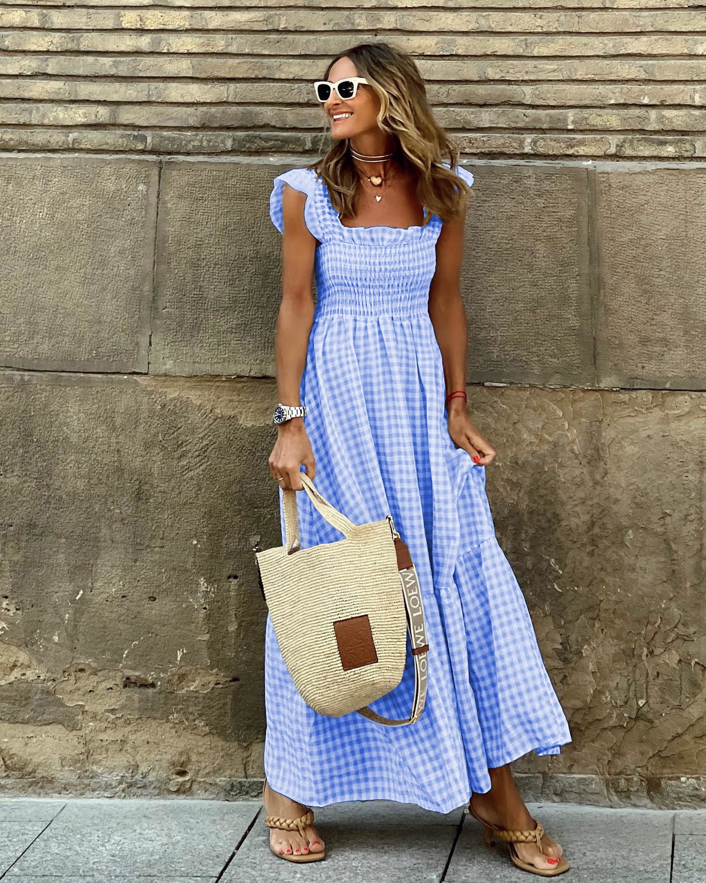 Sharon – Langes Kleid mit Patchwork-Karo-Muster