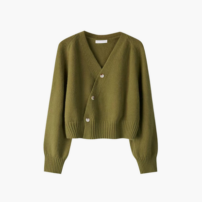 Damen Cardigan mit schräger Knopfleiste und V-Ausschnitt – Modischer Freizeit- und Bürolook