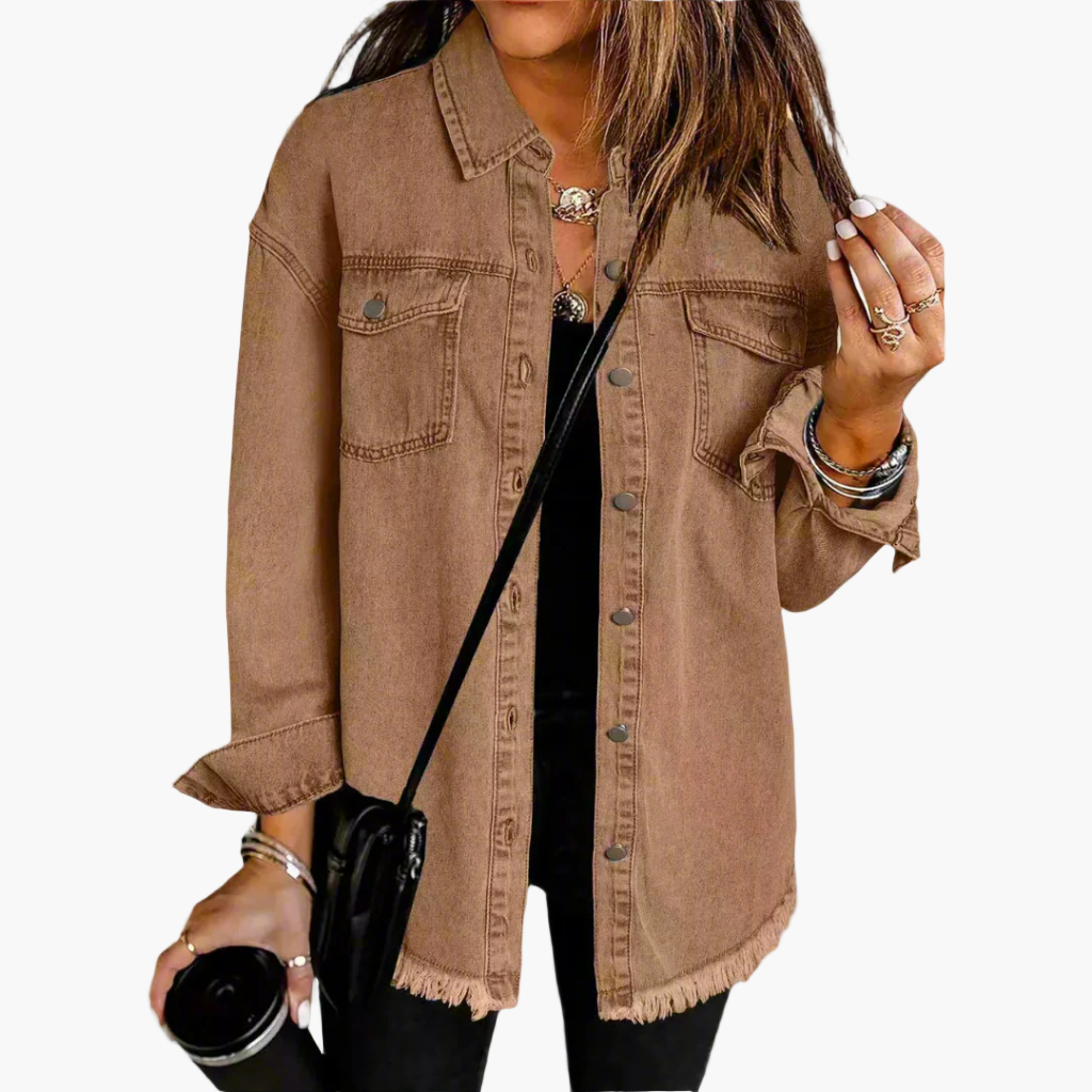 Damen Oversize Jeansjacke Vintage Streetstyle – Lässige Übergangsjacke mit Fransensaum